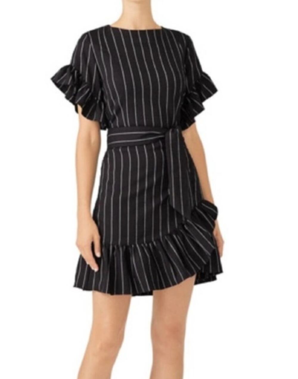 Drew Black White Striped Ruffle Trim Wrap Dress Womens Large